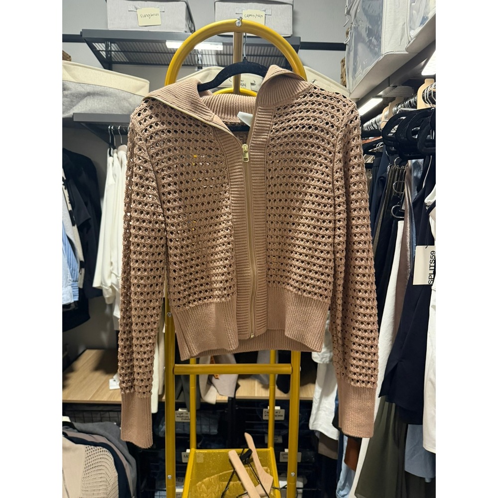 Varley Open Knit Full Zip Cardigan Sweater Tan Taupe Cropped Mesh Gold Hardware